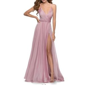 NWT La Femme Womens Chiffon Ballgown Size 4 Slit Pleated Bodice Thigh Slit Mauve